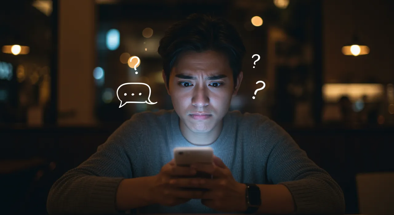 A person looking skeptically at a glowing phone with chat bubbles and question marks