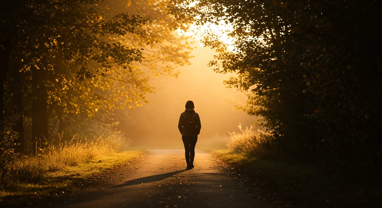 A person walking alone down a golden tree-lined path in soft morning light