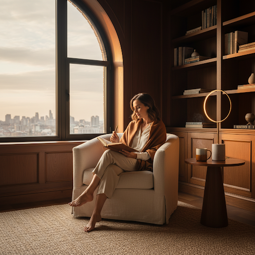 A peaceful, high-end photography style hero image for a love coaching service showing a person in quiet self-reflection by a window.