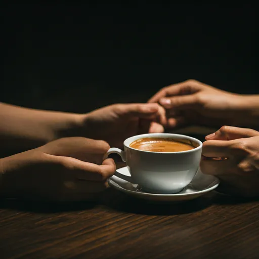 Close up of two hands gently holding porcelain coffee cups on a dark wood table with cinematic lighting