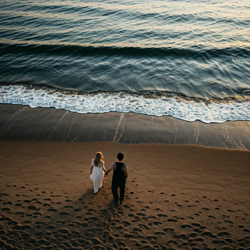 Aerial view of a couple walking hand in hand on a beach at dusk with soft crashing waves