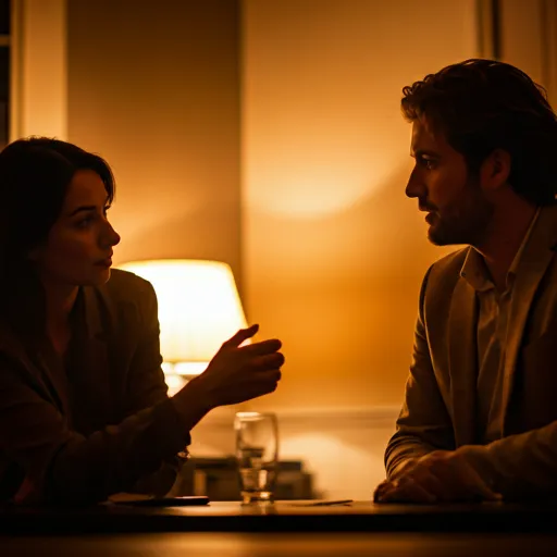 Abstract soft focus of two people engaged in a meaningful deep conversation with warm interior lighting