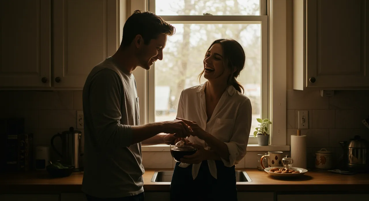 A couple cooking together in a warm kitchen, laughing in golden window light