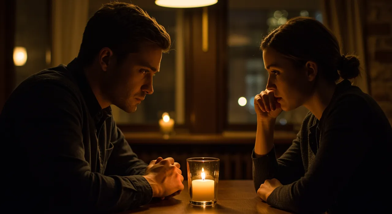 Two people in a heartfelt late-night conversation leaning in over candlelight