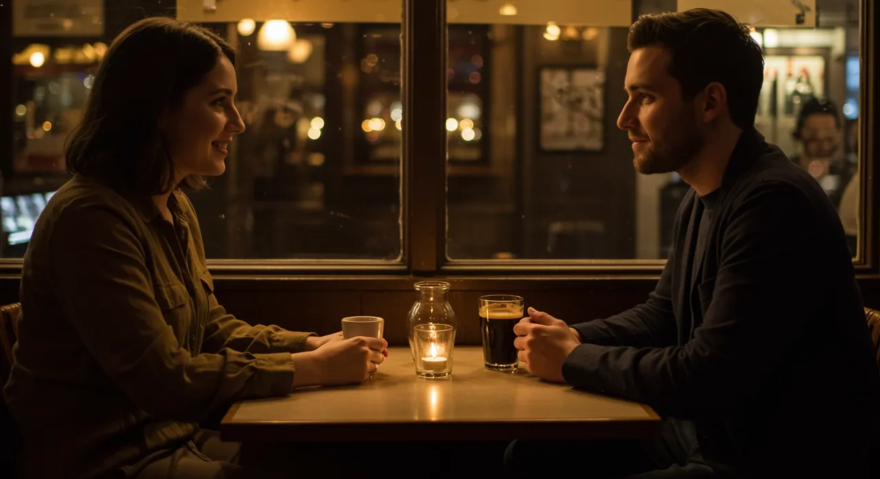 Two people on a first date across a small candlelit cafe table