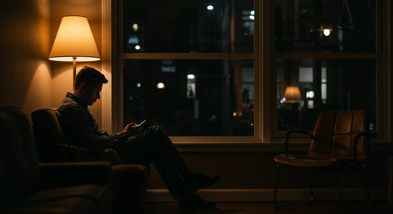 A person sitting alone at night by a window holding a phone, an empty chair nearby