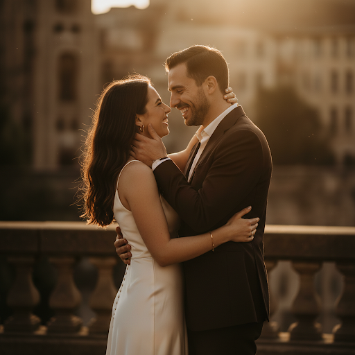 A high-end, candid photography style of a couple in love, smiling and laughing together in warm natural sunlight. Golden hour glow, soft focus background. The atmosphere is intimate, authentic, and joyful. Deep espresso and warm chestnut tones in the environment. No staged or stock photo looks. Elegant and modern aesthetic.