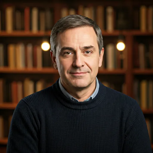 Mid-age man with a kind expression, wearing a dark sweater, warm library background with bokeh lighting