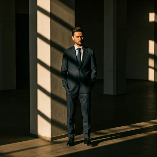 Man in a sophisticated dark suit standing in a sun-drenched architectural space with dramatic shadows
