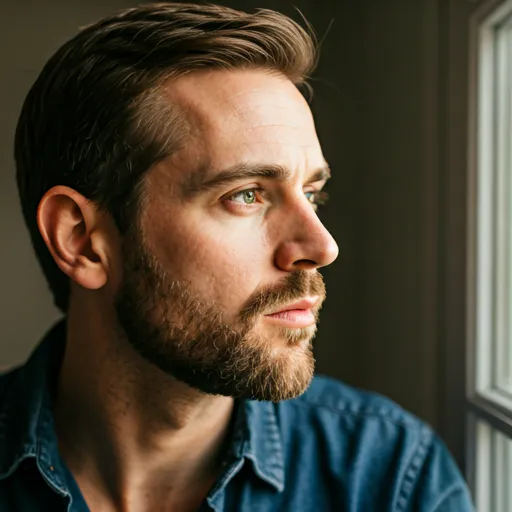 Close up portrait of a thoughtful man looking out a window with warm window light on his face