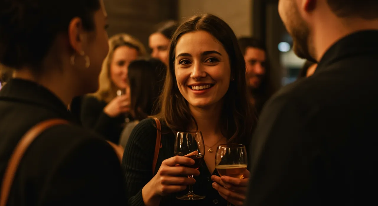 Two people meeting and talking warmly at a friendly social gathering in golden light