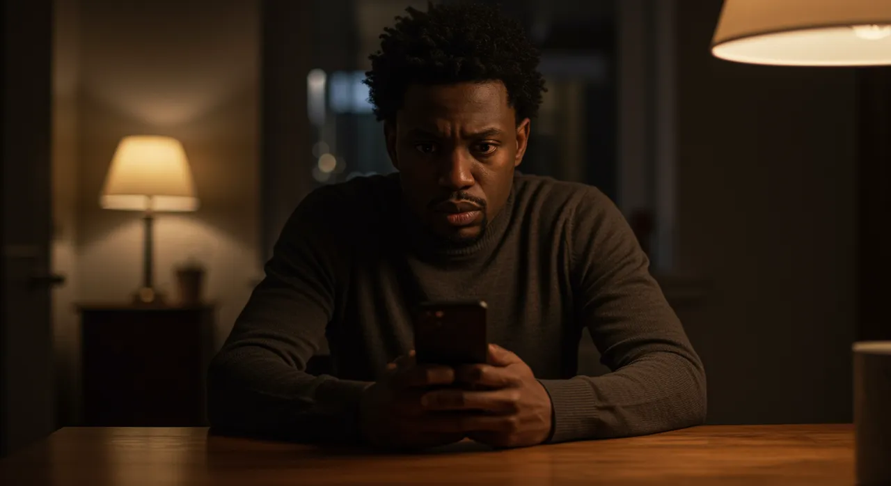 A person looking cautiously at their phone in warm lamp light at night
