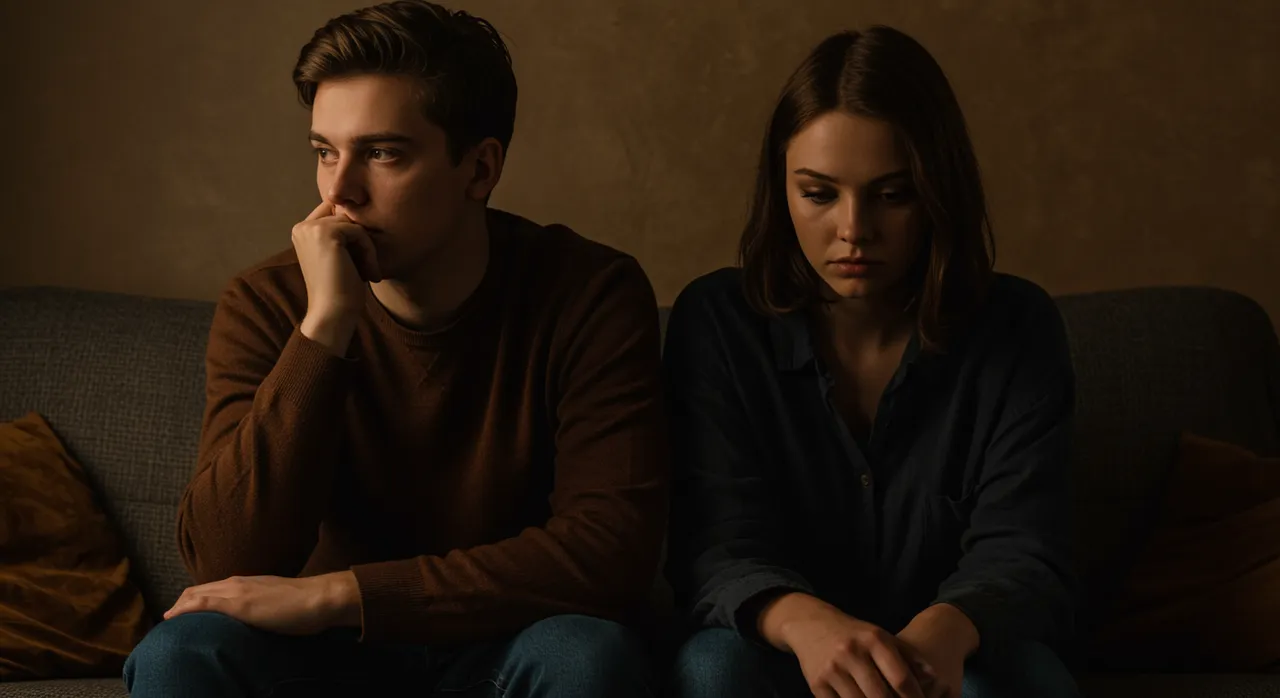 A young couple sitting together on a sofa but looking away, emotionally distant