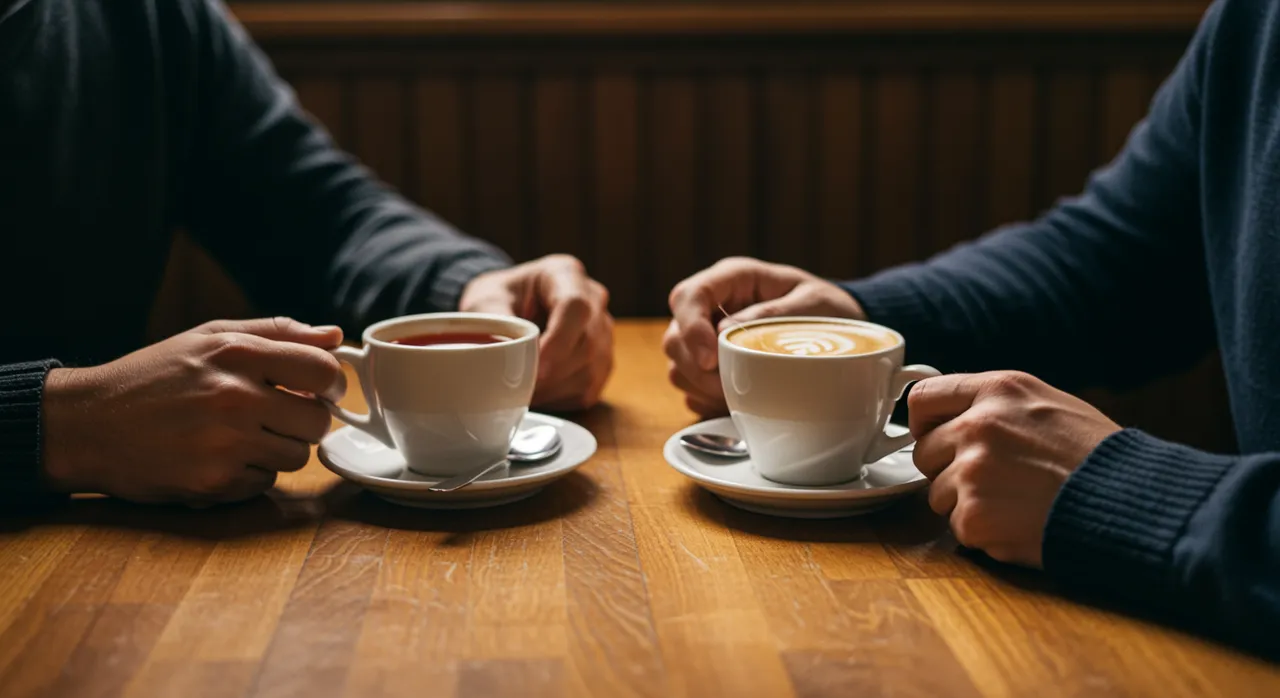 Two people in unhurried conversation over tea at a warm wooden cafe table