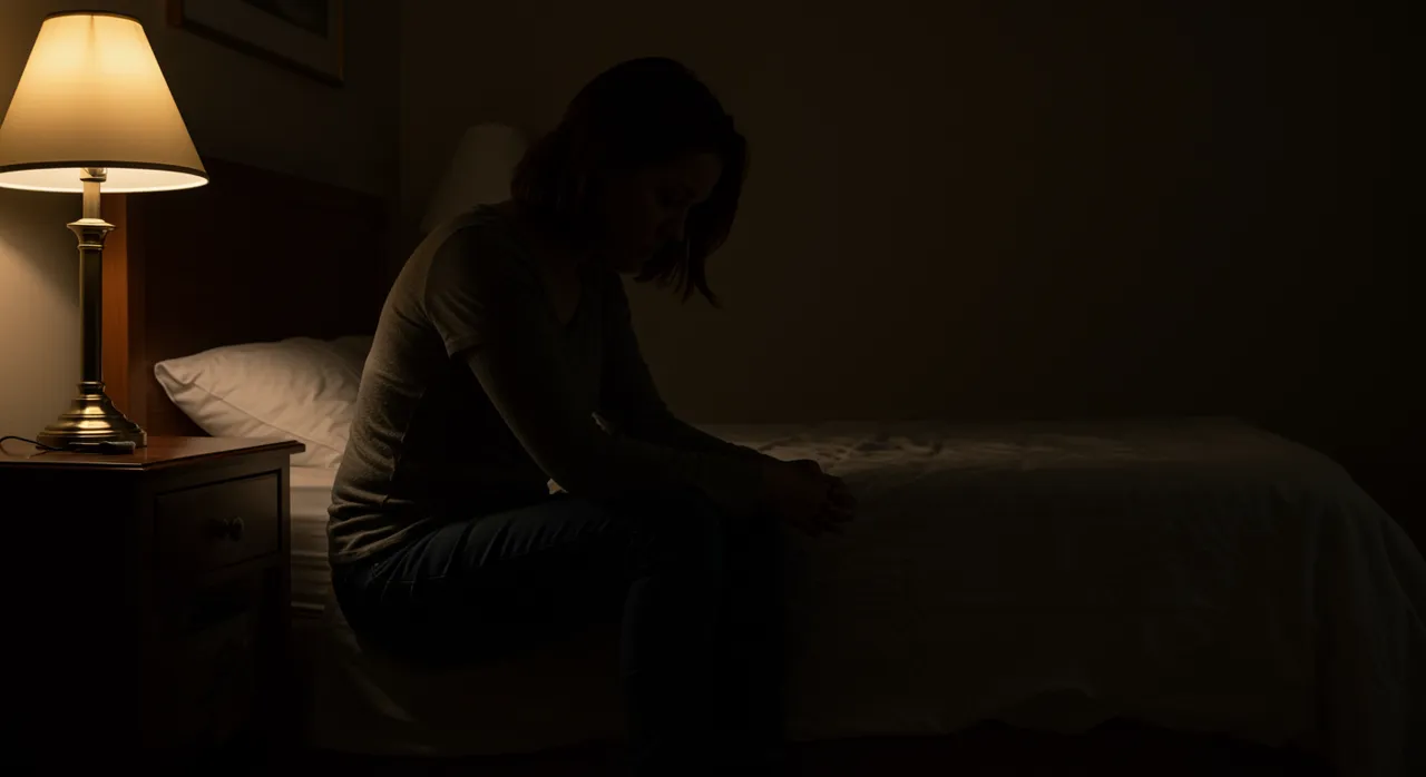 A woman sitting alone on the edge of a bed at night in warm lamp light