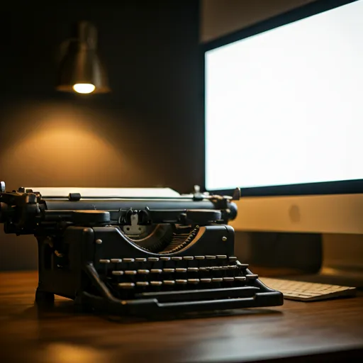 Close up of a vintage typewriter and a glowing computer screen in a dark espresso toned study room with warm gold light