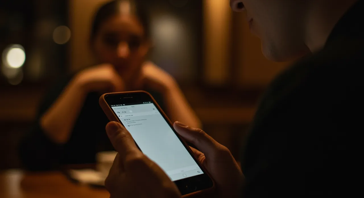A person discreetly looking at their phone, a partner blurred in the warm background