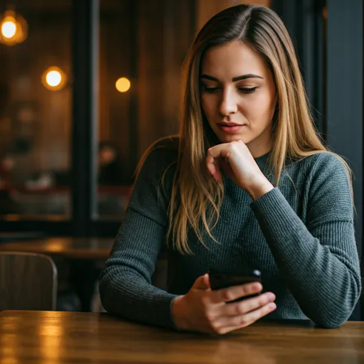 Elegant woman sitting in a cafe looking at her phone with a focused expression, warm urban background