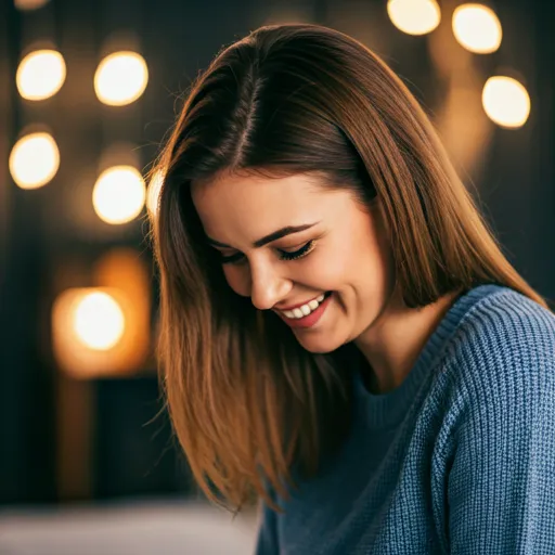 Woman laughing softly with her head down, moody indoor lighting with soft bokeh background