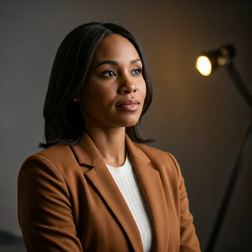 Professional woman in a warm chestnut blazer looking thoughtfully into the distance, soft professional lighting